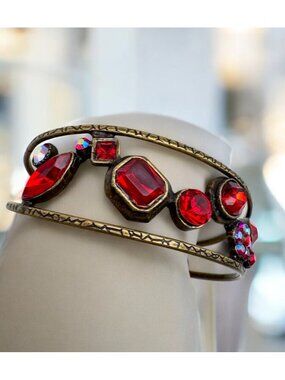 Brass Tone Cuff Bracelet Red AB Rhinestone Gems Openwork Bangle Art Deco